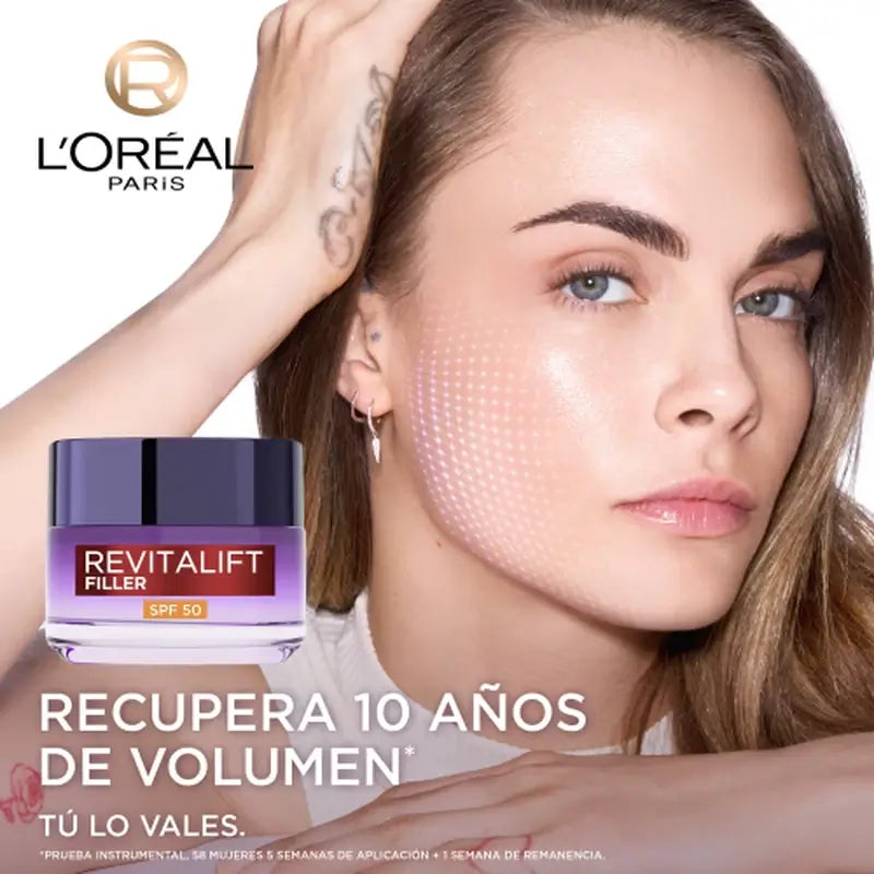 L'Oréal Paris: Intensiivinen täyteläisyyttä antava voide, jossa on hyaluronihappoa ja SPF 50: täyteläisyyttä ja UVB/UVA-suojaa