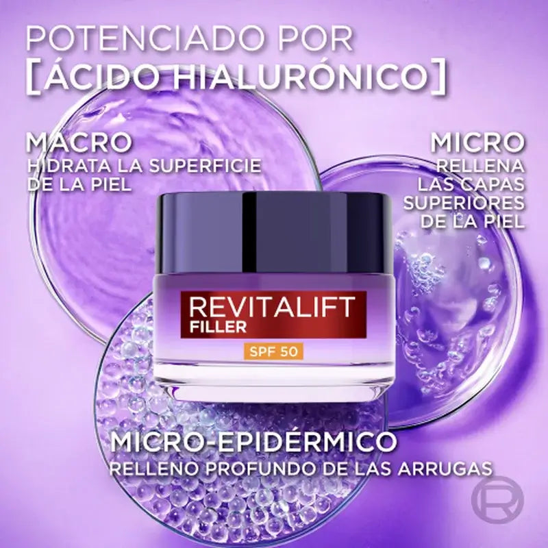 L'Oréal Paris: Intensiivinen täyteläisyyttä antava voide, jossa on hyaluronihappoa ja SPF 50: täyteläisyyttä ja UVB/UVA-suojaa