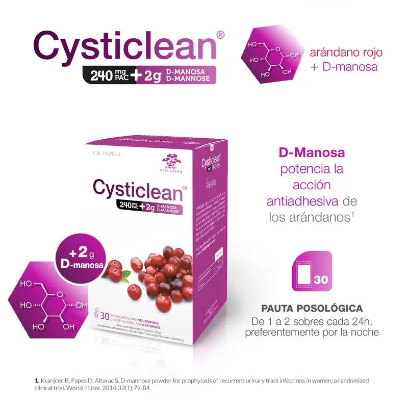 Cysticlean D-mannose 240 mg, pakkaus, 30 annospussia