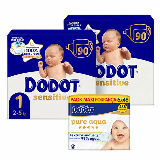 Dodot Sensitive Koko 1, 2–5 kg, 180 vaippaa + Dodot Pure Aqua 288 pyyhettä