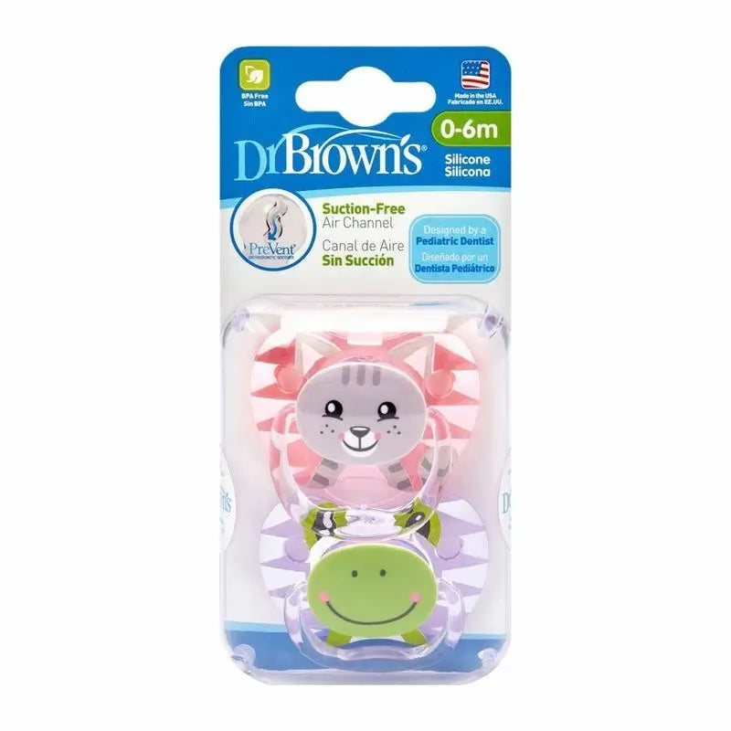 Dr. Brown's Prevent Classic Animal Faces Soother T1 0-6 Months Girl, 2 units
