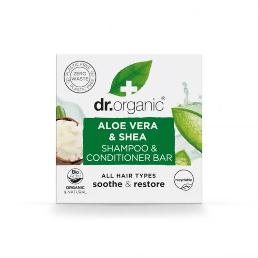 Dr.Organic kiinteä shampoo ja hoitoaine, aloe vera ja sheavoi – kaikille hiustyypeille, 75 ml