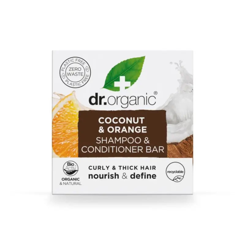Dr.Organic Kiinteä shampoo ja hoitoaine, kookos ja appelsiini – paksulle tai kiharaiselle hiukselle, 75 ml