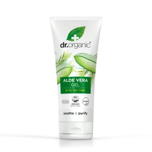 Dr. Organic Aloe vera -geeli, jossa on teepuuta ja arnikkaa, 200 ml. 