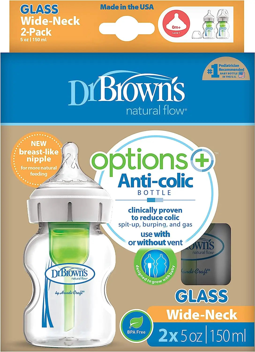 Dr. Brown’s 2-kappaleinen tuttipullo-pakkaus, 150 ml, lasia, Options +