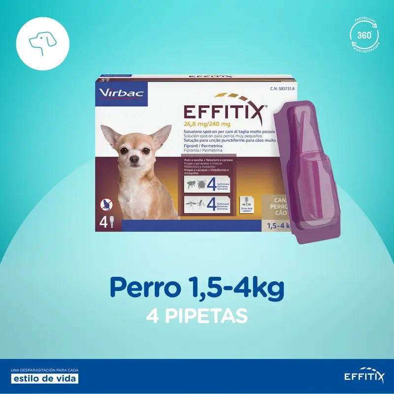 Effitix Xs -loislääke erittäin pienille koirille (1,5–4 kg), 4 pipettia