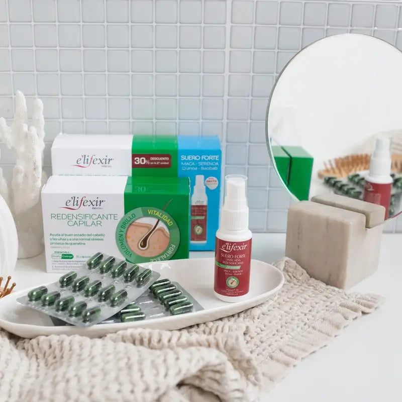 Elifexir Esenciall -tiivistävä pakkaus: 60 kapselia + seerumi 35 ml.