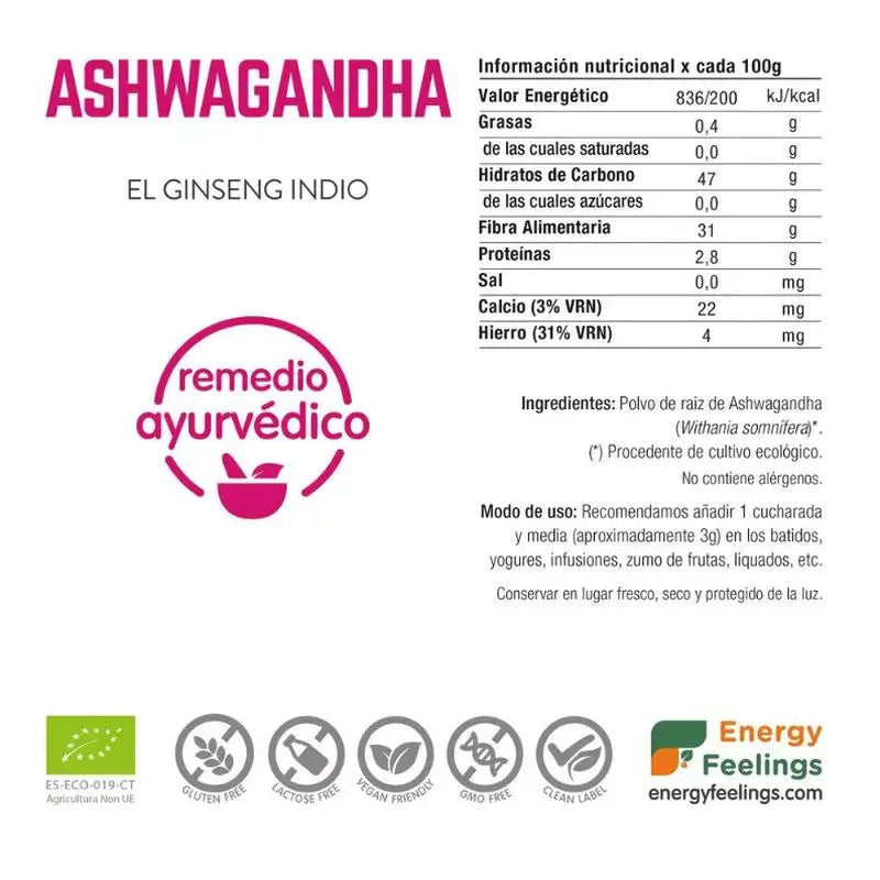 Energy Feelings Ashwagandha 200 g. Eco Vegan Sg 