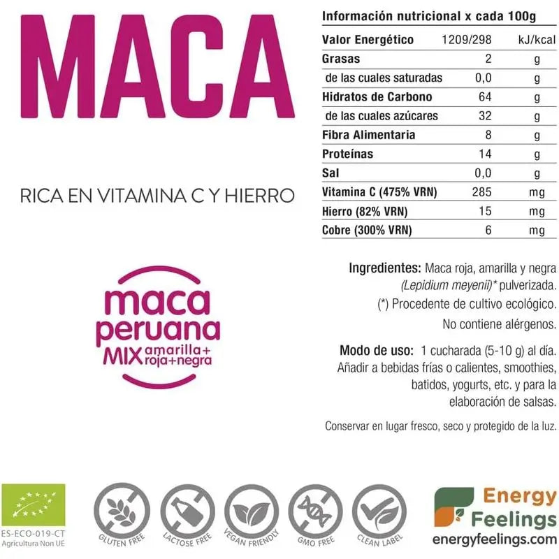 Energy Feelings Maca-jauhe 500 g. Luomu, vegaaninen, Sg 