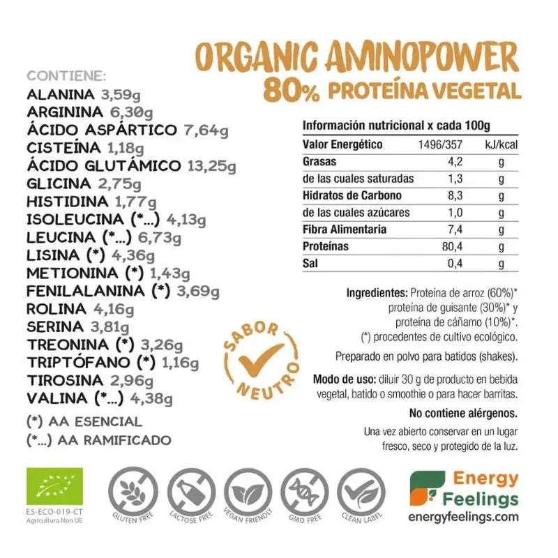Energy Feelings Organic Aminopower 80 % Neutraali 500 g. Eco Vegan Sg 