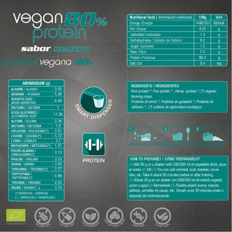 Energy Feelings Vegaaninen proteiini 80 %, neutraali, 1 kg. Eco Vegan Sg 