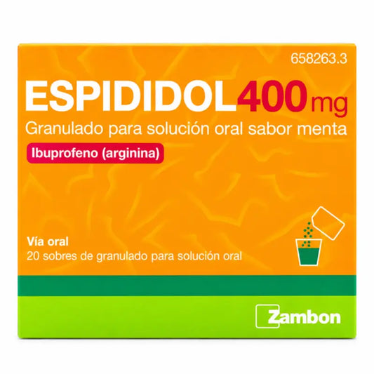 Espididol 400 mg suun kautta otettavaa liuosta varten tarkoitetut rakeet, mintunmakuiset, 20 pussia