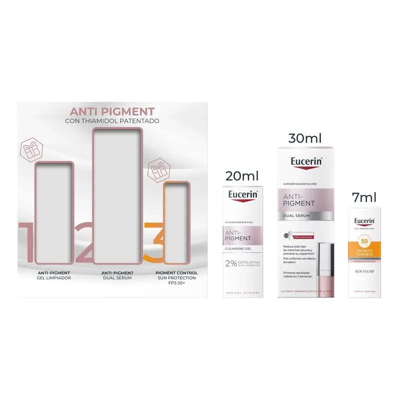Eucerin Anti-Pigment -paketti – Dual-seerumi, 30 ml + minikokoinen puhdistusgeeli 20 ml + minikokoinen aurinkovoide 7 ml