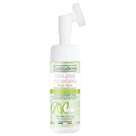 Evoluderm Aloe Vera -mitselipuhdistusvaahto ja harja, 150 ml