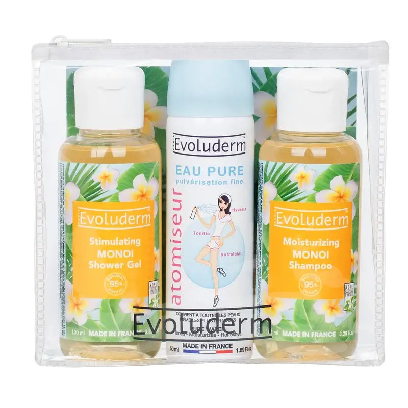 Evoluderm X3-matkasetti – suihkugeeli, puhdas vesi, shampoo, 100/50/100 ml
