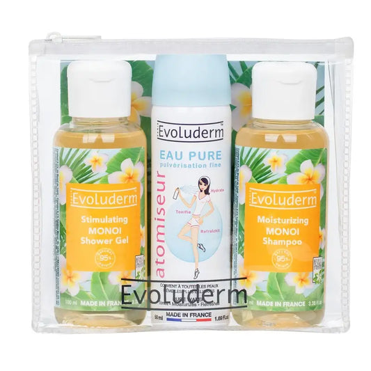 Evoluderm X3-matkasetti – suihkugeeli, puhdas vesi, shampoo, 100/50/100 ml