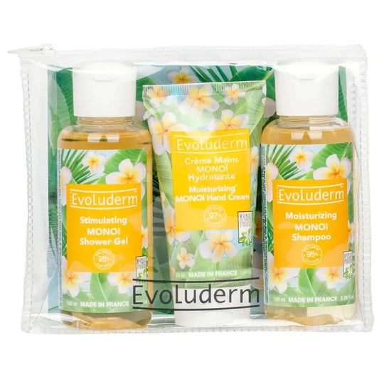 Evoluderm X3-matkasetti – suihkugeeli, käsivoide, shampoo, 100/50/100 ml