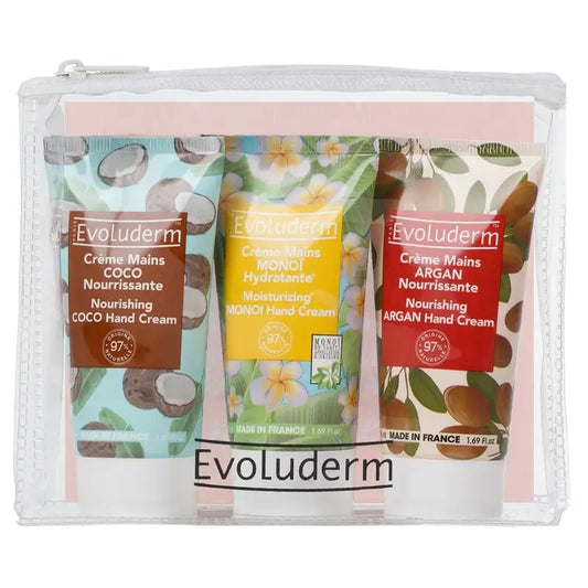 Evoluderm Matkasetti: käsivoide x3 – (Monoi/kookos/sheavoi), 50/50/50 ml
