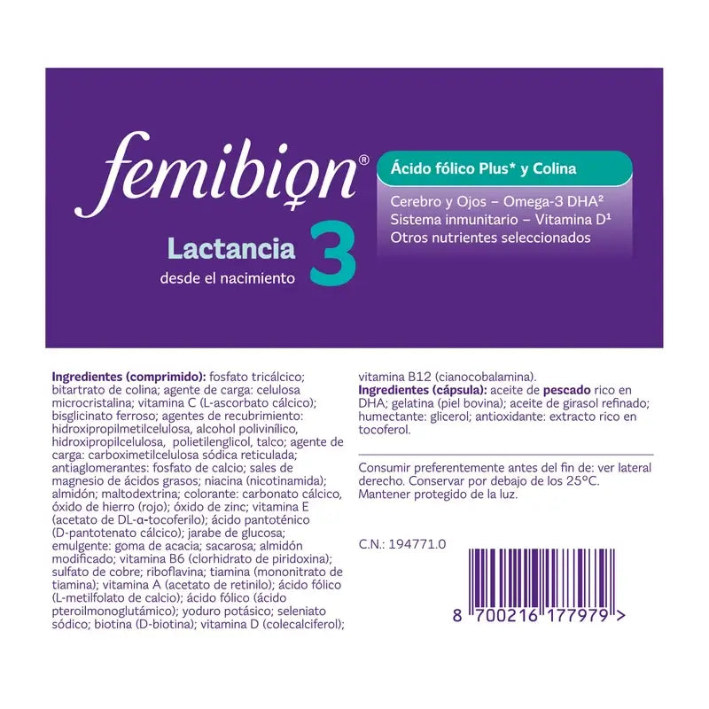 Femibion 3 imetys- ja raskausvaiheeseen, sisältää foolihappoa ja vitamiineja, 28 tablettia