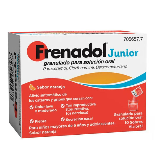 Frenadol Junior flunssalääke, helpotusta lapsille, appelsiininmakuinen, suun kautta otettava, 10 pussia