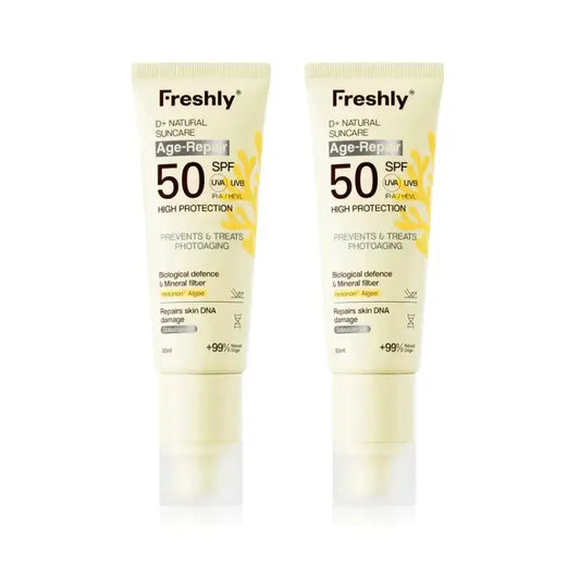Freshly D+ Natural Suncare Age-Repair SPF 50, 2 x 50 ml:n pakkaus