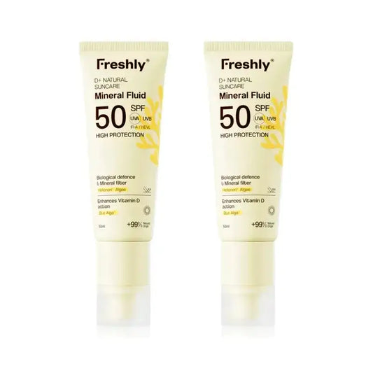 Freshly D+ Natural Suncare Mineral Fluid SPF 50, 2 x 50 ml:n pakkaus