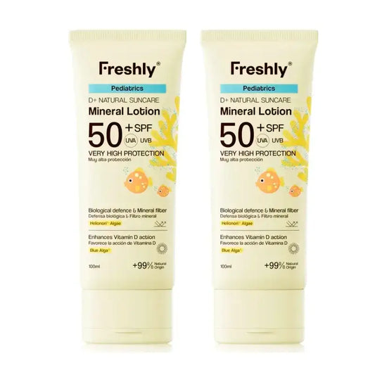 Freshly Pediatrics D+ Natural Suncare Mineral Lotion SPF 50, 2 x 100 ml:n pakkaus