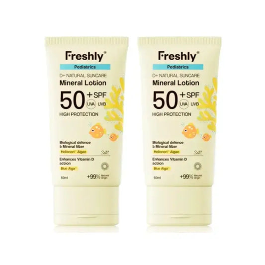 Freshly Pediatrics D+ Natural Suncare Mineral Lotion SPF50, 2 x 50 ml:n pakkaus