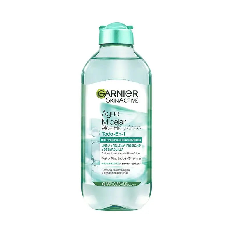 Garnier Aloe- ja hyaluronihappopitoinen All-in-One-mikelarivesi puhdistaa, poistaa meikin ja kosteuttaa kasvoja, silmiä ja huulia – ei tarvitse huuhdella pois
