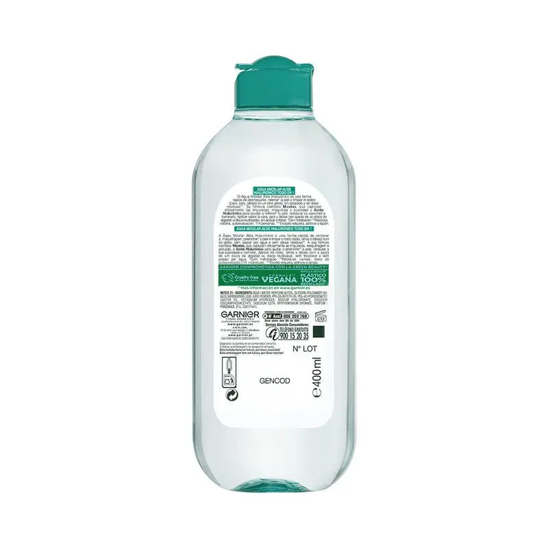 Garnier Aloe- ja hyaluronihappopitoinen All-in-One-mikelarivesi puhdistaa, poistaa meikin ja kosteuttaa kasvoja, silmiä ja huulia – ei tarvitse huuhdella pois