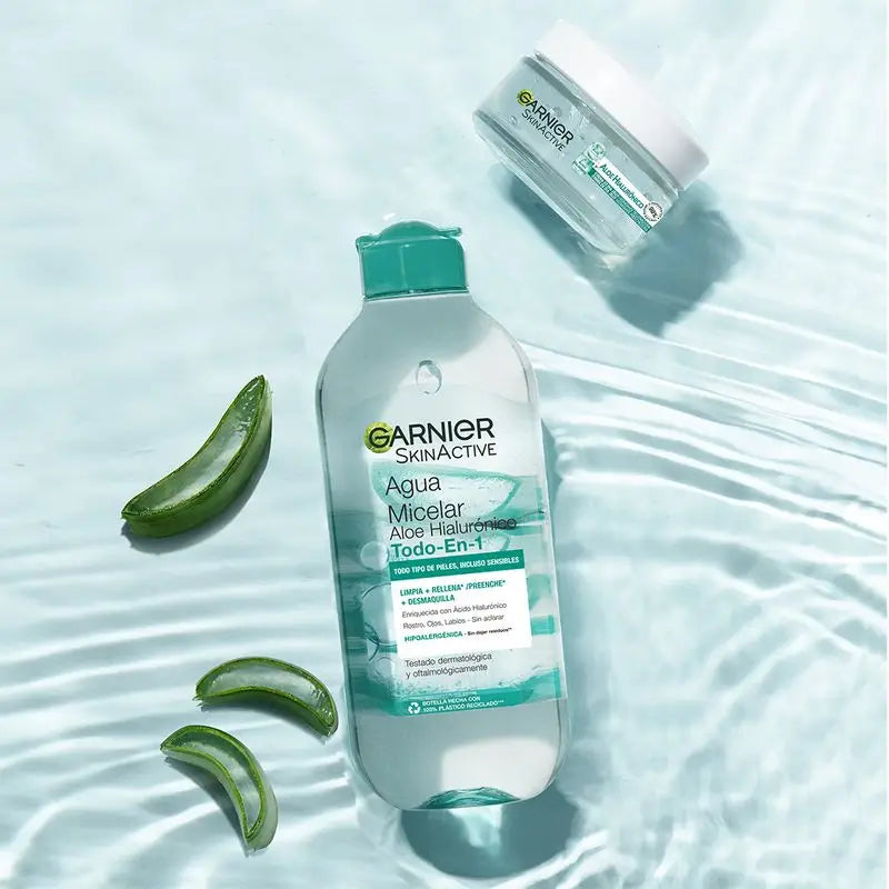 Garnier Aloe- ja hyaluronihappopitoinen All-in-One-mikelarivesi puhdistaa, poistaa meikin ja kosteuttaa kasvoja, silmiä ja huulia – ei tarvitse huuhdella pois