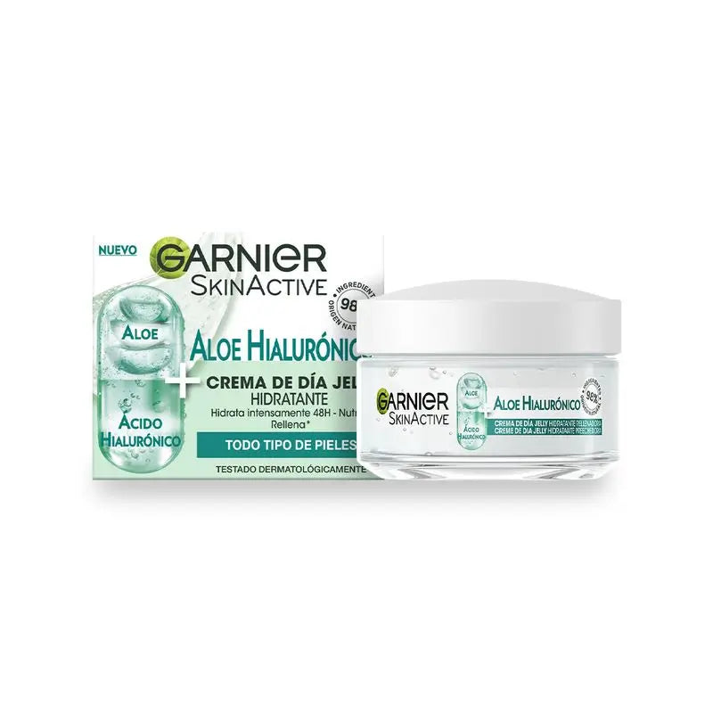 Garnier Aloe-hyaluroninen päivävoide, jossa on aloe veraa ja hyaluronihappoa. Kosteuttaa tehokkaasti 48 tuntia – ravitsee – täyttää.