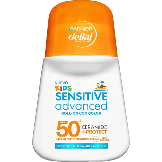 Garnier Delial Sensitive Advanced Kids -värillinen roll-on, SPF 50+, 50 ml
