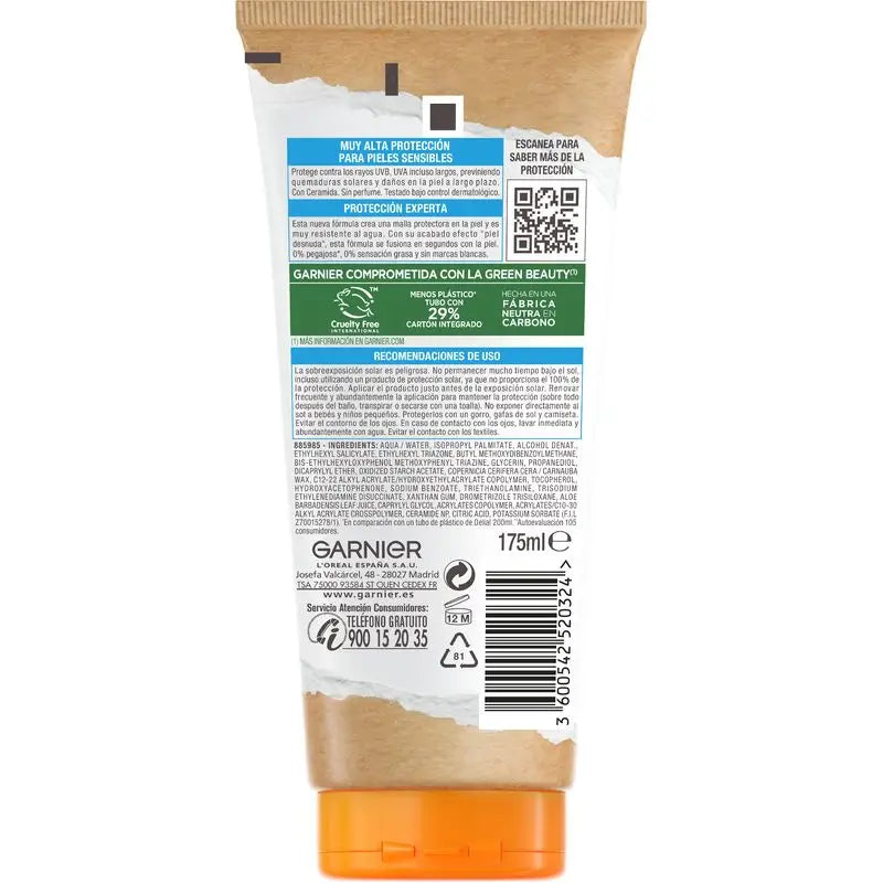 Garnier Delial Sensitive Advanced aurinkosuojamaito vaalealle, herkälle ja auringolle herkälle iholle SPF 50+ – 175 ml.