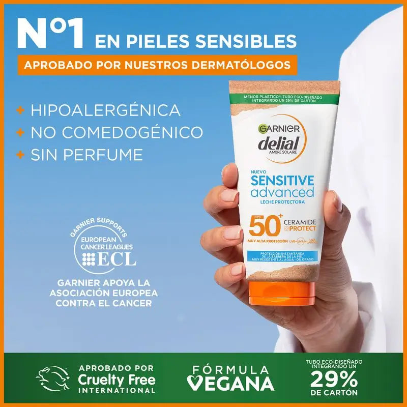 Garnier Delial Sensitive Advanced aurinkosuojamaito vaalealle, herkälle ja auringolle herkälle iholle SPF 50+ – 175 ml.