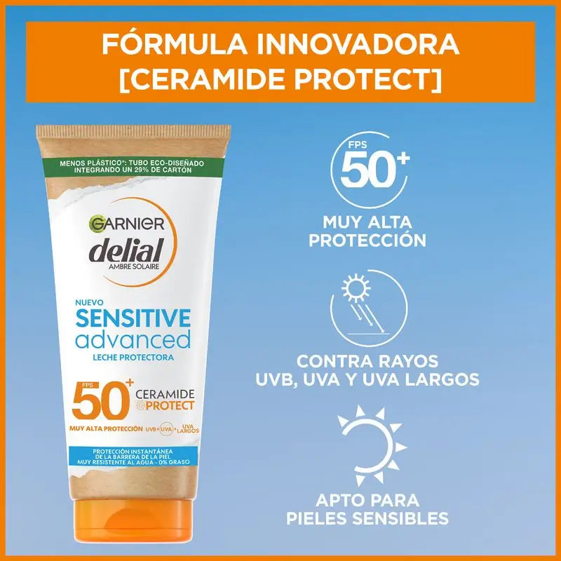 Garnier Delial Sensitive Advanced aurinkosuojamaito vaalealle, herkälle ja auringolle herkälle iholle SPF 50+ – 175 ml.