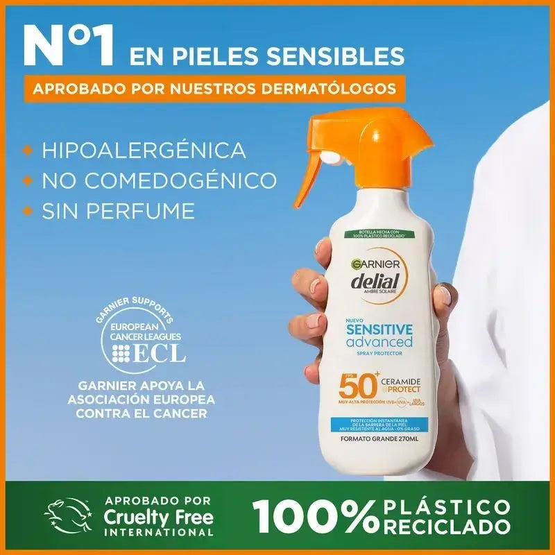 Garnier Delial Spray Protector Sensitive Advanced SPF 50+ vaalealle, herkälle ja auringolle yliherkälle iholle, 270 ml