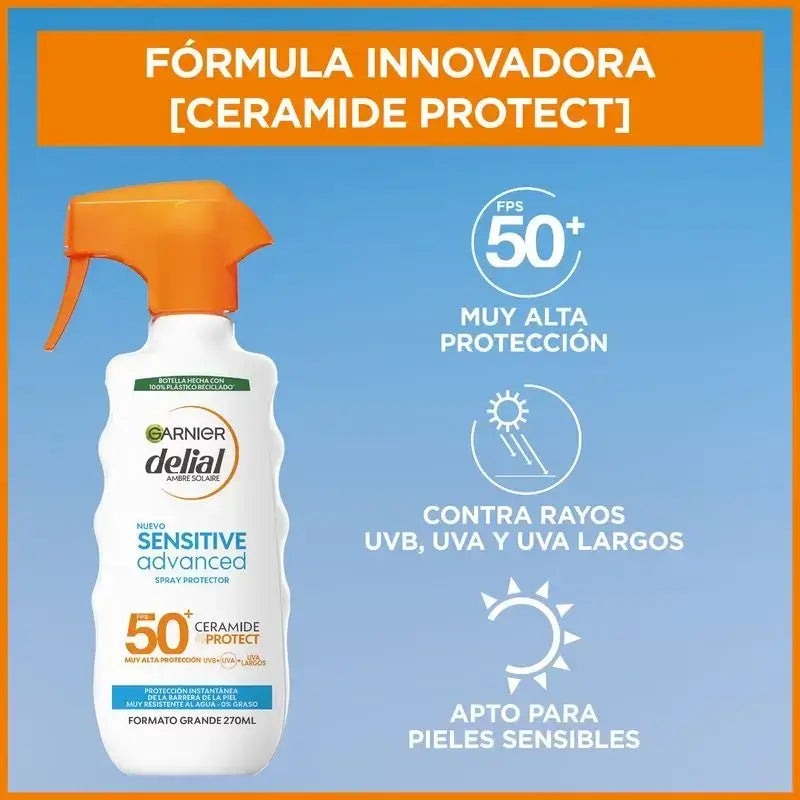 Garnier Delial Spray Protector Sensitive Advanced SPF 50+ vaalealle, herkälle ja auringolle yliherkälle iholle, 270 ml