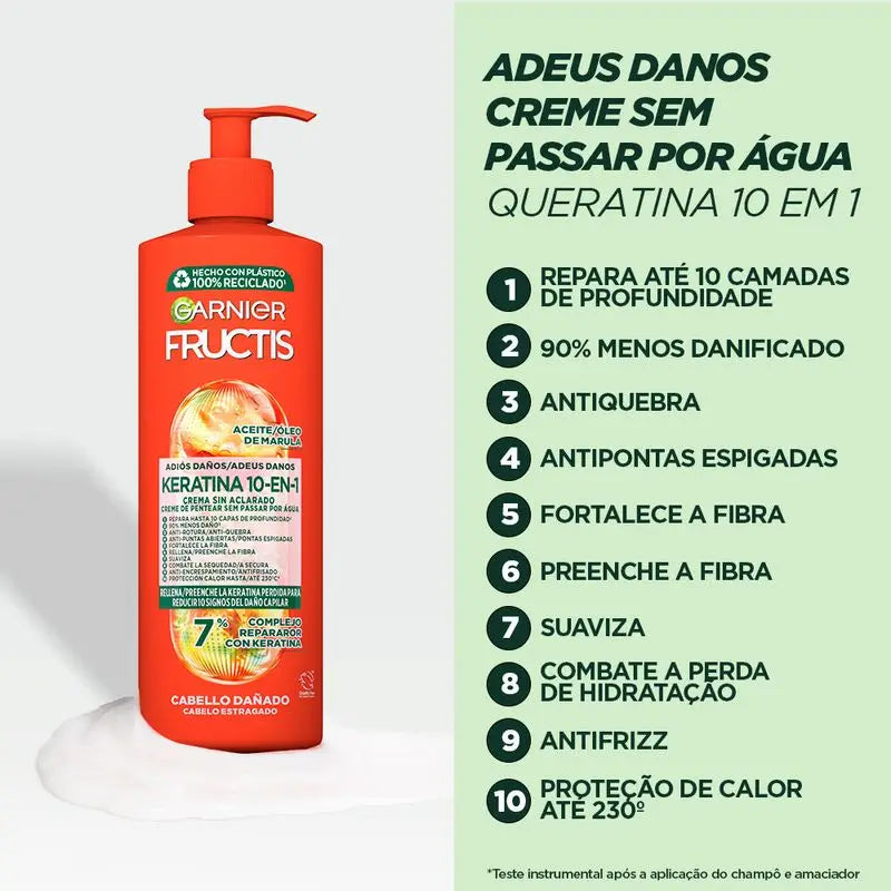 Garnier Fructis 10-in-1 huuhtelematon hoitoaine ”Adiós Daños” marulaöljyllä vaurioituneille hiuksille 400 ml