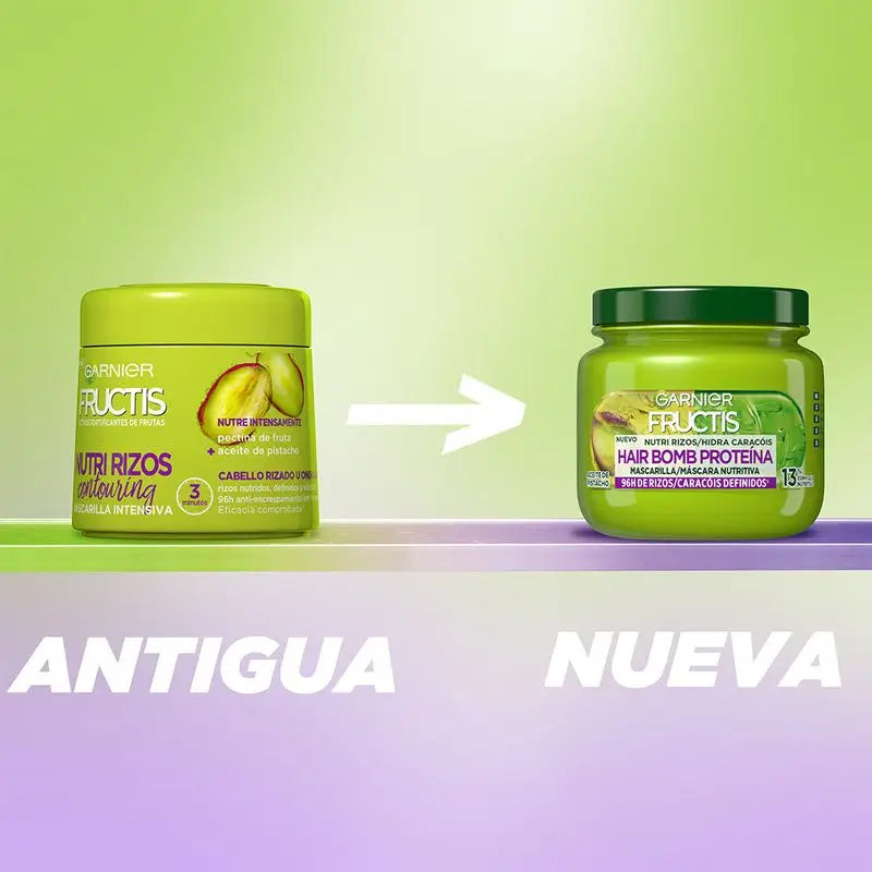 Garnier Fructis Nutri Rizos Hair Bomb -proteiinipitoinen ravitseva hiusnaamio, jossa on pistaasiöljyä, 320 ml.