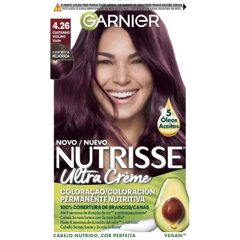 Garnier Nutrisse Harmaiden hiusten peitto ravitsevalla hoitoaineella, sävy 4.26 Viulu-kastanja, 160 ml