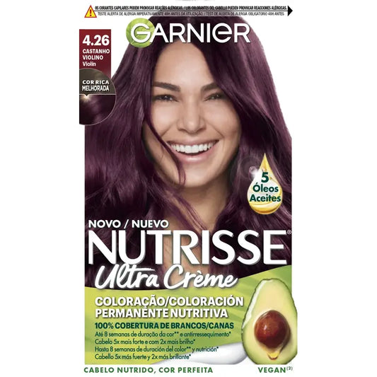Garnier Nutrisse Harmaiden hiusten peitto ravitsevalla hoitoaineella, sävy 4.26 Viulu-kastanja, 160 ml