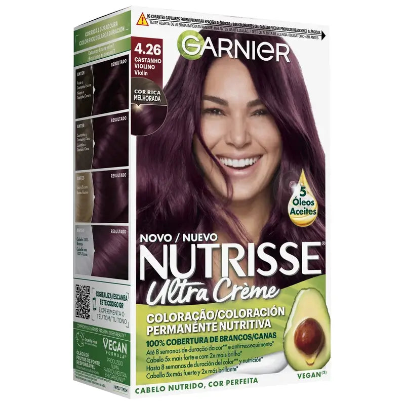 Garnier Nutrisse Harmaiden hiusten peitto ravitsevalla hoitoaineella, sävy 4.26 Viulu-kastanja, 160 ml