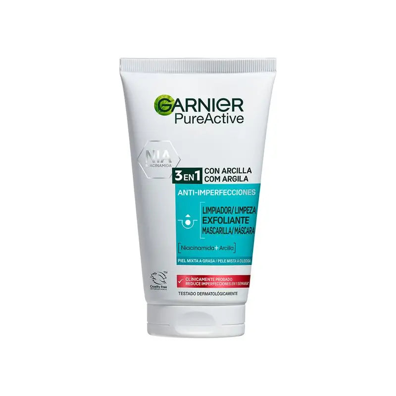 Garnier Pure Active 3-in-1-geeli, jossa on epäpuhtauksia torjuvaa savea – 150 ml