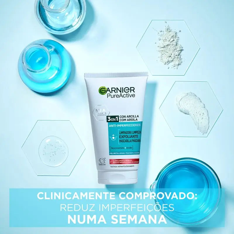 Garnier Pure Active 3-in-1-geeli, jossa on epäpuhtauksia torjuvaa savea – 150 ml