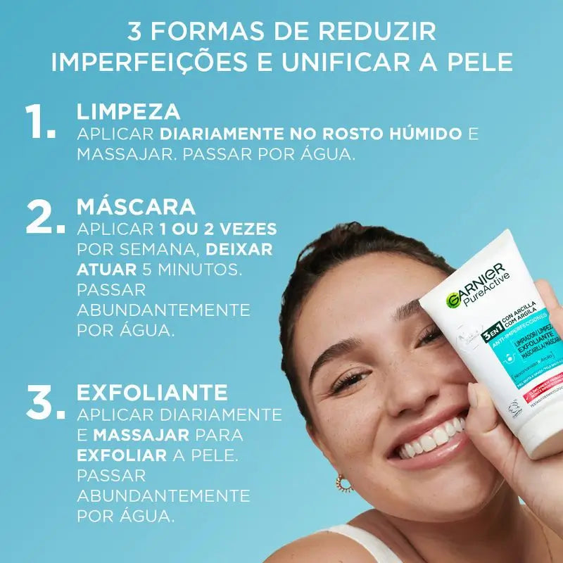 Garnier Pure Active 3-in-1-geeli, jossa on epäpuhtauksia torjuvaa savea – 150 ml
