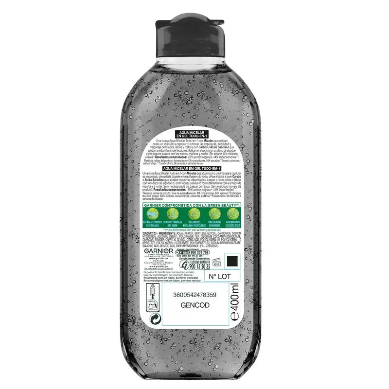Garnier Pure Active -puhdistava geeli-geeli-vesi, jossa on hiiltä ja salisyylihappoa, 400 ml