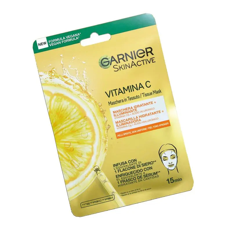 Garnierin kasvojen kosteutusnaamio, jossa on C-vitamiinia ja hyaluronihappoa. Iho on syvästi kosteutettu, näkyvästi kirkkaampi ja sileämpi