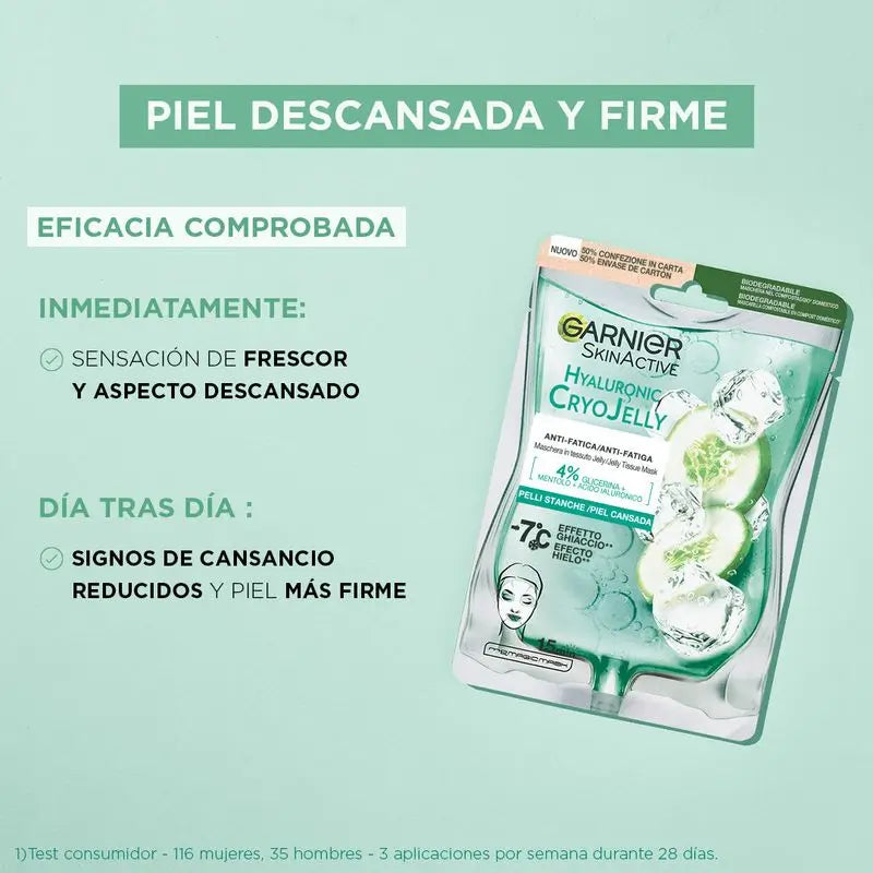 Garnier Tissue Mask Hyaluronic Cryo Jelly -väsymystä lievittävä naamio väsyneelle iholle. 4 % glyseriiniä + mentoli + hyaluronihappo.
