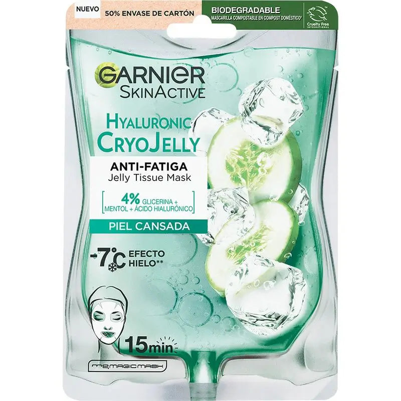 Garnier Tissue Mask Hyaluronic Cryo Jelly -väsymystä lievittävä naamio väsyneelle iholle. 4 % glyseriiniä + mentoli + hyaluronihappo.